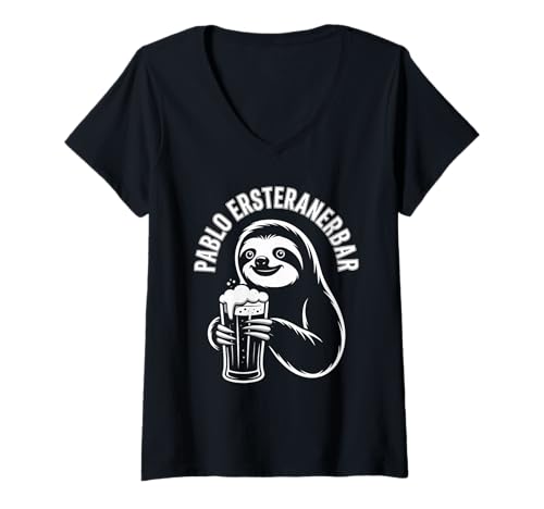 Damen Pablo Ersteranderbar Faultier Lustig T-Shirt mit V-Ausschnitt Damen Pablo Ersteranderbar Faultier Lustig T-Shirt mit V-Ausschnitt von Lustiger Faultier Bier Retro Sonnenuntergang