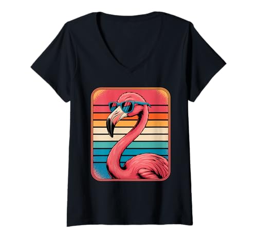 Damen Cool Retro Flamingo in Sunglasses 70s 80s 90s Funny Flamingo T-Shirt mit V-Ausschnitt von Lustiger Flamingo mit Sonnenbrille