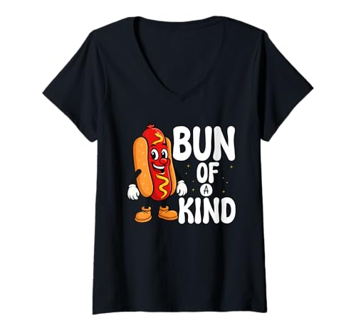 Damen Bun of A Kind Lustiger Hot Dog Wortwitz BBQ Food Humor T-Shirt mit V-Ausschnitt von Lustiger Foodie Humor Bbq & Hot Dog Liebhaber