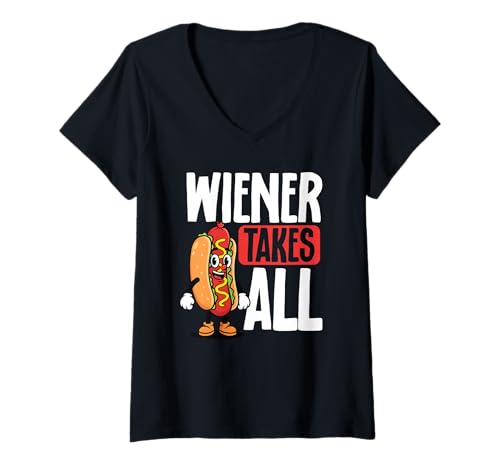 Damen Wiener Takes All Lustiger Hot Dog BBQ Grill Wortspiel T-Shirt mit V-Ausschnitt von Lustiger Foodie Humor Bbq & Hot Dog Liebhaber