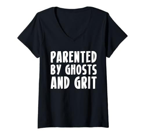 Damen Parented By Ghosts And Grit T-Shirt mit V-Ausschnitt Damen Parented By Ghosts And Grit T-Shirt mit V-Ausschnitt von Lustiger Gen X Spruch Design Idee