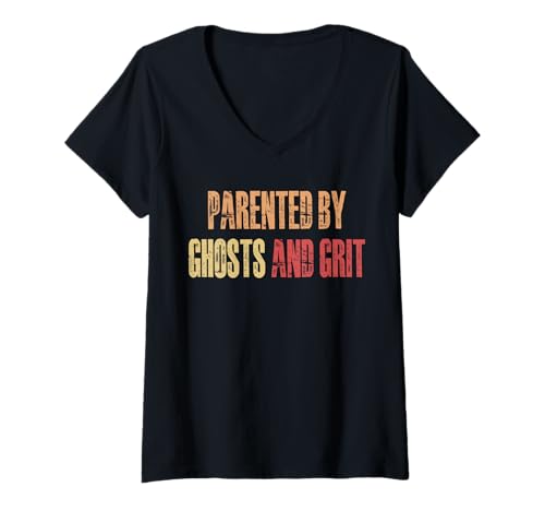 Damen Parented By Ghosts And Grit T-Shirt mit V-Ausschnitt Damen Parented By Ghosts And Grit T-Shirt mit V-Ausschnitt von Lustiger Gen X Spruch Design Idee