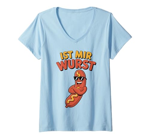 Damen Ist Mir Wurst Spruch mit Cooler Cartoon Bratwurst T-Shirt mit V-Ausschnitt von Lustiger Gleichgültigkeitsspruch witziger Humor