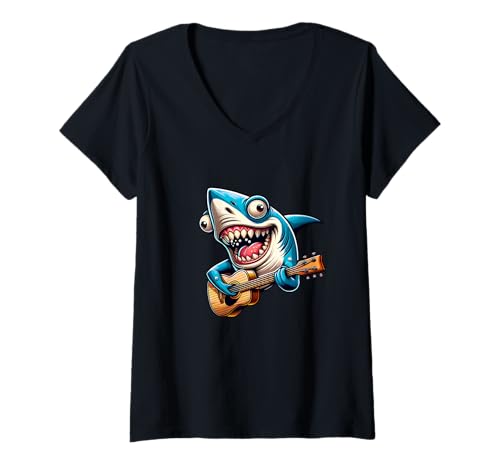 Damen Lustiger Hai Spielt Gitarre Musik Rock Konzert T-Shirt mit V-Ausschnitt Damen Lustiger Hai Spielt Gitarre Musik Rock Konzert T-Shirt mit V-Ausschnitt von Lustiger Hai Mit Gitarre Musik Cartoon Rock