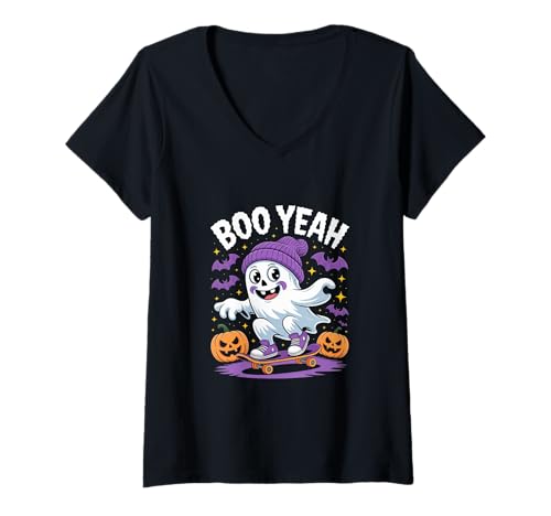 Damen Halloween Ghost Skateboard Boo Ja Kostüm T-Shirt mit V-Ausschnitt von Lustiger Halloween Ghost Skateboard Boo