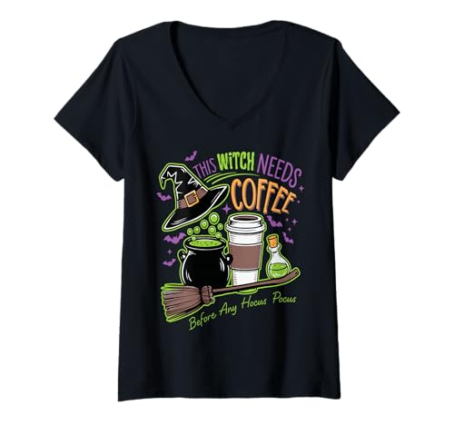 Damen Diese Hexe BRAUCHT Kaffee VOR JEDEM Hocus Pocus T-Shirt mit V-Ausschnitt Damen Diese Hexe BRAUCHT Kaffee VOR JEDEM Hocus Pocus T-Shirt mit V-Ausschnitt von Lustiger Halloween-Kostüm-Albtraum