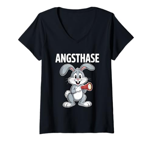 Damen Angsthase Niedlicher Hase Mit Taschenlampe Humor T-Shirt mit V-Ausschnitt Damen Angsthase Niedlicher Hase Mit Taschenlampe Humor T-Shirt mit V-Ausschnitt von Lustiger Hase Humor Angsthase Spruch Cartoon