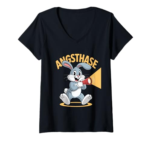 Damen Angsthase Hase Mit Taschenlampe Lustiger Spruch T-Shirt mit V-Ausschnitt von Lustiger Hase Kaninchen Humor Spruch Angst