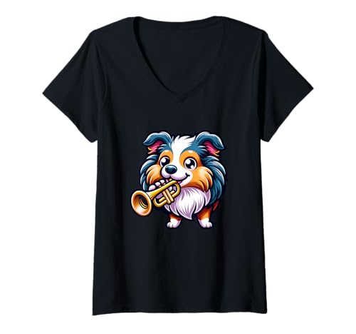 Damen Trompetenspielender Hund Toller Look T-Shirt mit V-Ausschnitt Damen Trompetenspielender Hund Toller Look T-Shirt mit V-Ausschnitt von Lustiger Hund Musikinstrument Trompete