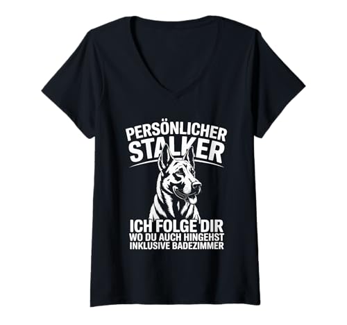 Damen Persoenlicher Stalker Ich Folge Dir Hund T-Shirt mit V-Ausschnitt von Lustiger Hund Persoenlicher Stalker Lustig