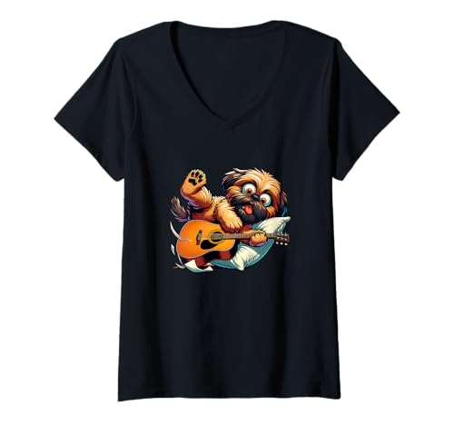 Damen Süßer Hund Akustikgitarre Kissen Musiker Welpe T-Shirt mit V-Ausschnitt Damen Süßer Hund Akustikgitarre Kissen Musiker Welpe T-Shirt mit V-Ausschnitt von Lustiger Hund Welpe spielt Akustikgitarre Musik