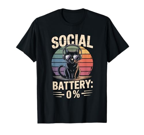1% Social Battery Sarkastisches Lustiges Katzen Herren Damen T-Shirt von Lustiger Introvertierter Humor Sarkasmus Humor