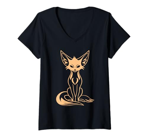 Damen Kleiner Lustiger Kanide Minimalistisch Einfacher Fennek T-Shirt mit V-Ausschnitt Damen Kleiner Lustiger Kanide Minimalistisch Einfacher Fennek T-Shirt mit V-Ausschnitt von Lustiger Kanide Fennek Fuchs Tiere Einfacher