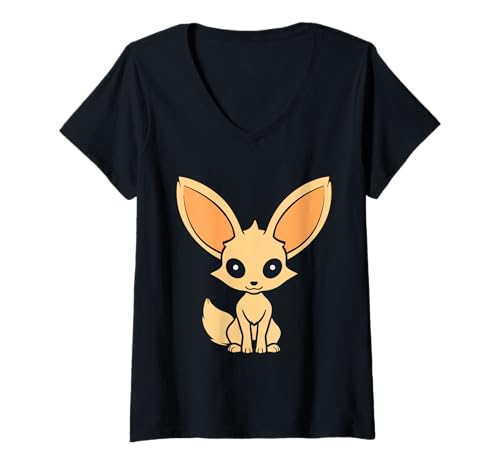 Damen Kleiner Lustiger Kanide Minimalistisch Einfacher Fennek T-Shirt mit V-Ausschnitt Damen Kleiner Lustiger Kanide Minimalistisch Einfacher Fennek T-Shirt mit V-Ausschnitt von Lustiger Kanide Fennek Fuchs Tiere Einfacher