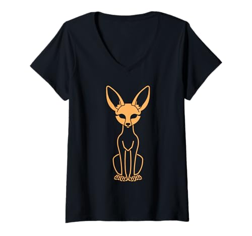 Damen Kleiner Lustiger Kanide Minimalistisch Einfacher Fennek T-Shirt mit V-Ausschnitt Damen Kleiner Lustiger Kanide Minimalistisch Einfacher Fennek T-Shirt mit V-Ausschnitt von Lustiger Kanide Fennek Fuchs Tiere Einfacher
