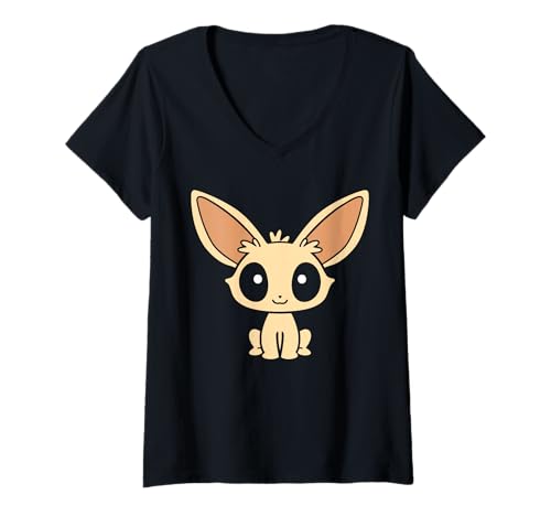 Damen Kleiner Lustiger Kanide Minimalistisch Einfacher Fennek T-Shirt mit V-Ausschnitt Damen Kleiner Lustiger Kanide Minimalistisch Einfacher Fennek T-Shirt mit V-Ausschnitt von Lustiger Kanide Fennek Fuchs Tiere Einfacher