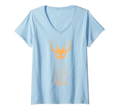 Damen Kleiner Lustiger Kanide Minimalistisch Einfacher Fennek T-Shirt mit V-Ausschnitt Damen Kleiner Lustiger Kanide Minimalistisch Einfacher Fennek T-Shirt mit V-Ausschnitt von Lustiger Kanide Fennek Fuchs Tiere Einfacher