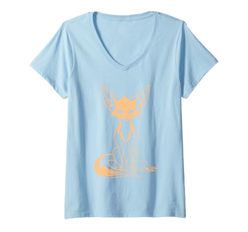 Damen Kleiner Lustiger Kanide Minimalistisch Einfacher Fennek T-Shirt mit V-Ausschnitt Damen Kleiner Lustiger Kanide Minimalistisch Einfacher Fennek T-Shirt mit V-Ausschnitt von Lustiger Kanide Fennek Fuchs Tiere Einfacher