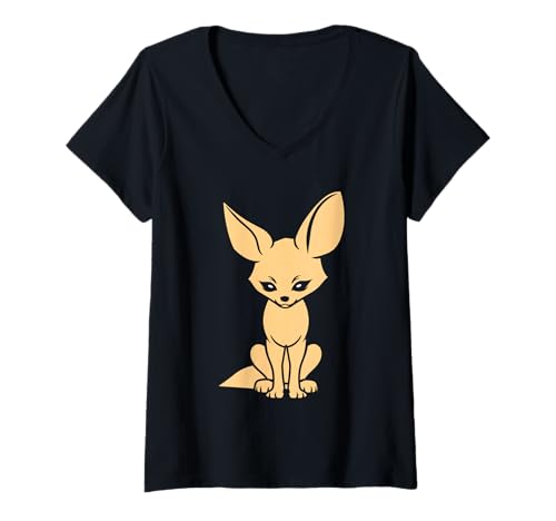 Damen Kleiner Lustiger Kanide Minimalistisch Einfacher Fennek T-Shirt mit V-Ausschnitt Damen Kleiner Lustiger Kanide Minimalistisch Einfacher Fennek T-Shirt mit V-Ausschnitt von Lustiger Kanide Fennek Fuchs Tiere Einfacher
