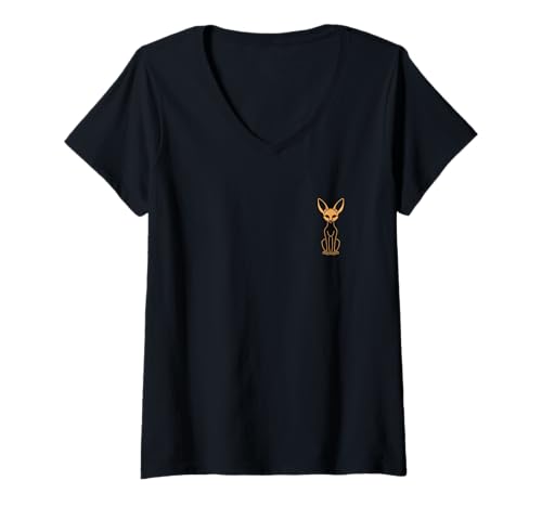 Damen Kleiner Lustiger Kanide Minimalistisch Einfacher Fennek T-Shirt mit V-Ausschnitt Damen Kleiner Lustiger Kanide Minimalistisch Einfacher Fennek T-Shirt mit V-Ausschnitt von Lustiger Kanide Fennek Fuchs Tiere Einfacher