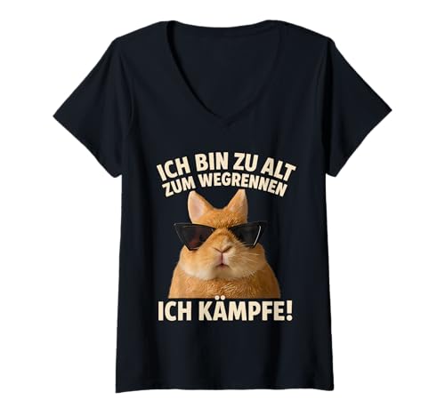Damen Ich Bin zu alt zum Wegrennen, kämpfe Lustiges Kaninchen T-Shirt mit V-Ausschnitt von Lustiger Kaninchen Spruch Fur Herren & Damen.