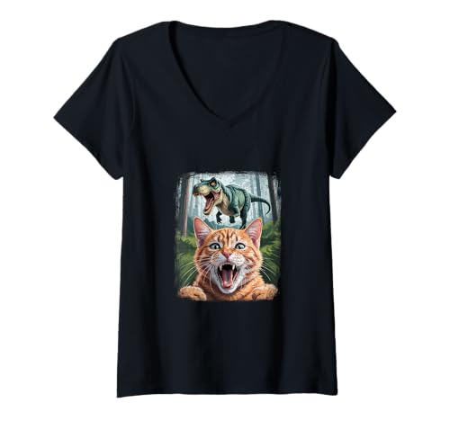Damen Katzen Selfie Mit T-Rex, Kätzchen & Dinosaurier Dino T-Shirt mit V-Ausschnitt Damen Katzen Selfie Mit T-Rex, Kätzchen & Dinosaurier Dino T-Shirt mit V-Ausschnitt von Lustiger Katzenliebhaber Geschenk & Fotografie