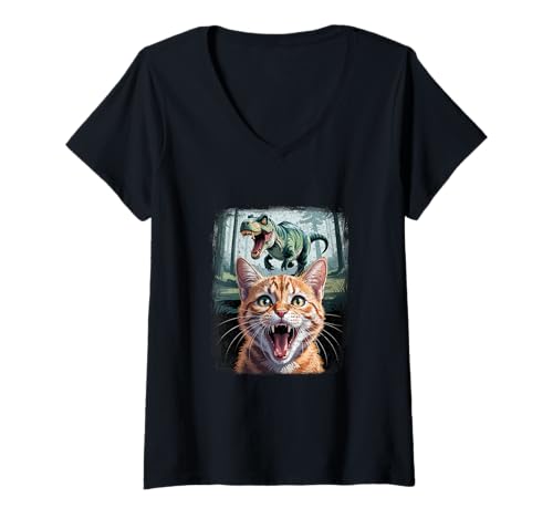 Damen Katzen Selfie Mit T-Rex, Kätzchen & Dinosaurier Dino T-Shirt mit V-Ausschnitt Damen Katzen Selfie Mit T-Rex, Kätzchen & Dinosaurier Dino T-Shirt mit V-Ausschnitt von Lustiger Katzenliebhaber Geschenk & Fotografie