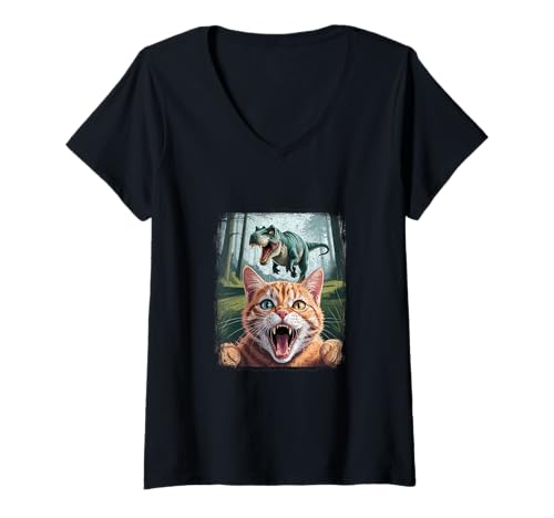 Damen Katzen Selfie Mit T-Rex, Kätzchen & Dinosaurier Dino T-Shirt mit V-Ausschnitt Damen Katzen Selfie Mit T-Rex, Kätzchen & Dinosaurier Dino T-Shirt mit V-Ausschnitt von Lustiger Katzenliebhaber Geschenk & Fotografie