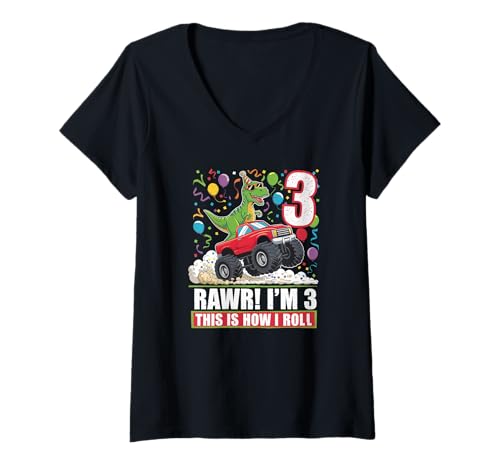 Damen Röhr Ich Bin 3 Dino Monstertruck Geburtstag Lustig T-Shirt mit V-Ausschnitt von Lustiger Kinder Dino Monstertruck Fan