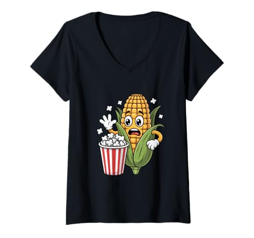 Damen Erschrockener Maiskolben Sieht Popcorn Eimer T-Shirt mit V-Ausschnitt von Lustiger Kino Popcorn Mais Cartoon Humor