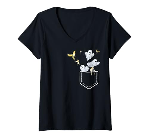 Damen Cockatiel Pocket Ghost Halloween T-Shirt mit V-Ausschnitt Damen Cockatiel Pocket Ghost Halloween T-Shirt mit V-Ausschnitt von Lustiger Kontrollkakera für Cockatiel -Liebhaber