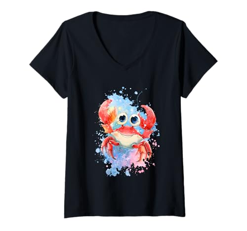 Damen Bunter lustiger Krebs Cartoon Aquarell Krabbe Sommer T-Shirt mit V-Ausschnitt Damen Bunter lustiger Krebs Cartoon Aquarell Krabbe Sommer T-Shirt mit V-Ausschnitt von Lustiger Krabben Merch Aquarell Cartoon Design