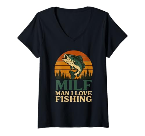 Damen Milf Man I Love Fishing Retro Sonnenuntergang Barsch Angler T-Shirt mit V-Ausschnitt von Lustiger Largemouth Bass MILF Man I Love Fishing