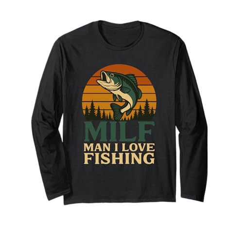 Milf Man I Love Fishing Retro Sonnenuntergang Barsch Angler Langarmshirt von Lustiger Largemouth Bass MILF Man I Love Fishing