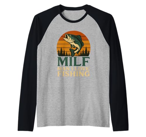 Milf Man I Love Fishing Retro Sonnenuntergang Barsch Angler Raglan von Lustiger Largemouth Bass MILF Man I Love Fishing
