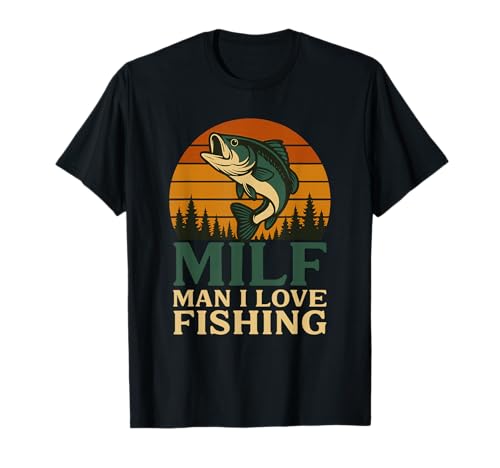 Milf Man I Love Fishing Retro Sonnenuntergang Barsch Angler T-Shirt von Lustiger Largemouth Bass MILF Man I Love Fishing