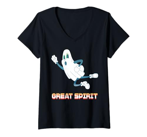 Damen Geist in Bewegung Motivationsgeist Halloween Szene T-Shirt mit V-Ausschnitt von Lustiger Laufgeist für Freunde und Kinder