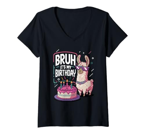Damen Bruh Its My Birthday Llama Pixelkunst Sonnenbrille Retro T-Shirt mit V-Ausschnitt Damen Bruh Its My Birthday Llama Pixelkunst Sonnenbrille Retro T-Shirt mit V-Ausschnitt von Lustiger Llama Pixel Art Bruh Its My Birthday