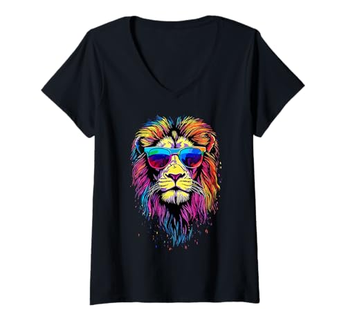 Damen Löwe mit Sonnenbrille Löwenmähne Löwen Liebe Wilde Löwen T-Shirt mit V-Ausschnitt Damen Löwe mit Sonnenbrille Löwenmähne Löwen Liebe Wilde Löwen T-Shirt mit V-Ausschnitt von Lustiger Löwe für echte Löwen Liebhaber