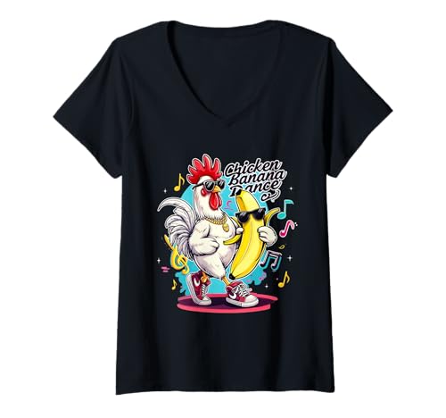 Damen Hühnchen-Bananen-Tanz Coole Musik Party Humor Tänzer T-Shirt mit V-Ausschnitt von Lustiger Musikstil Vibe Tanzbegeisterter Grafik