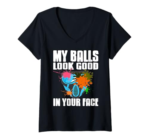 Damen Farbkleckse Sehen Besser Auf Deiner Maske Aus T-Shirt mit V-Ausschnitt von Lustiger Paintball Spruch Für Trefferfans
