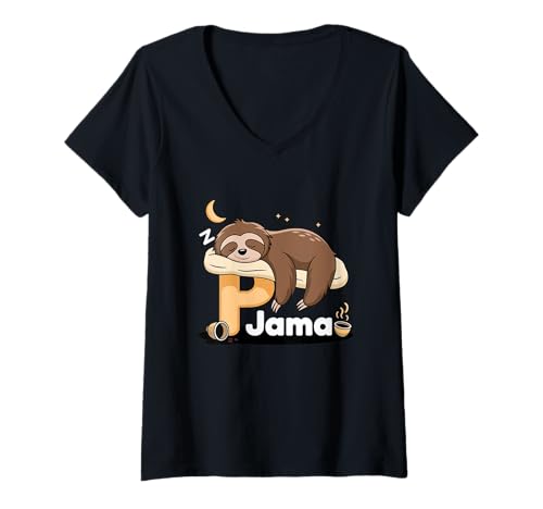 Damen Pi Jama Sloth Pajama PJ 3.14 PI Zahlen Symbol Math Sloth T-Shirt mit V-Ausschnitt Damen Pi Jama Sloth Pajama PJ 3.14 PI Zahlen Symbol Math Sloth T-Shirt mit V-Ausschnitt von Lustiger Pi Jama Sloth Pyjama