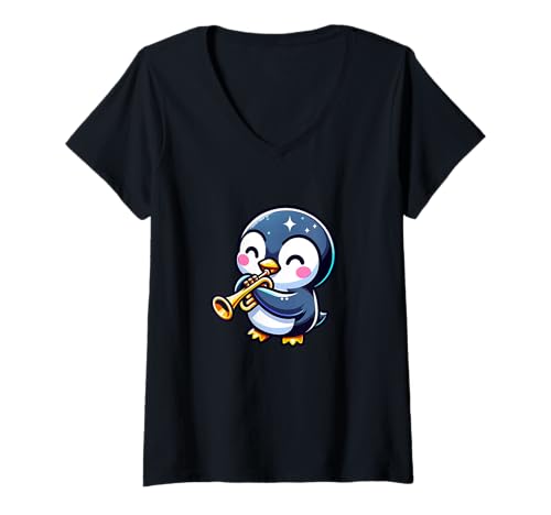 Damen Pinguin Spielt Trompete Fröhlich T-Shirt mit V-Ausschnitt Damen Pinguin Spielt Trompete Fröhlich T-Shirt mit V-Ausschnitt von Lustiger Pinguin Mit Trompete Motiv