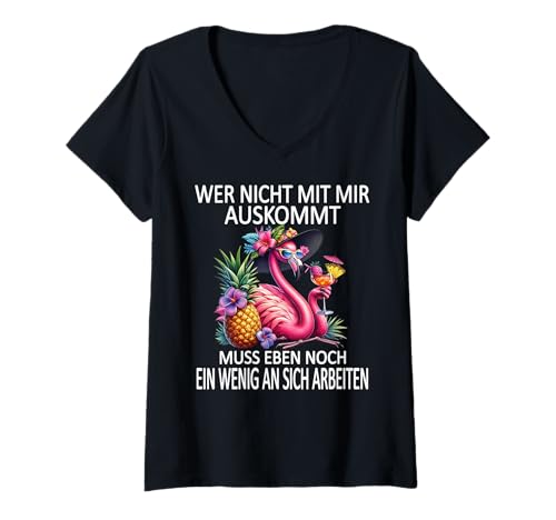 Damen Arbeiten Witziger Lustiger Spruch Sprüche Flamingo Büro T-Shirt mit V-Ausschnitt von Lustiger Pinguin Spruch | Geschenk Herren & Damen