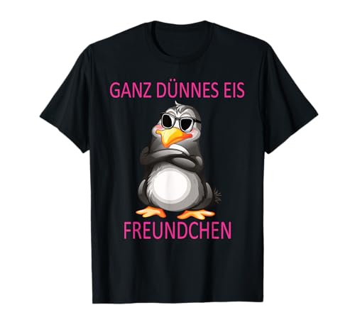 Lustiger Pinguin Spruch | Geschenk Herren & Damen Ganz Dünnes Eis Freundchen lustiges Design mit süßem Pinguin T-Shirt Schwarz Unisex Erwachsene Klein EU S Kurzarm von Lustiger Pinguin Spruch | Geschenk Herren & Damen