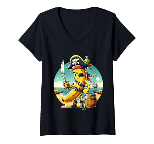 Damen Piraten Bananen Strand Abenteuer Mit Papagei T-Shirt mit V-Ausschnitt Damen Piraten Bananen Strand Abenteuer Mit Papagei T-Shirt mit V-Ausschnitt von Lustiger Piraten Bananen Cartoon Abenteuer