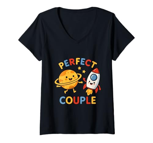 Damen Perfektes Paar Niedlich Lustig Cartoon T-Shirt mit V-Ausschnitt von Lustiger Planet Rakete Liebe Universum