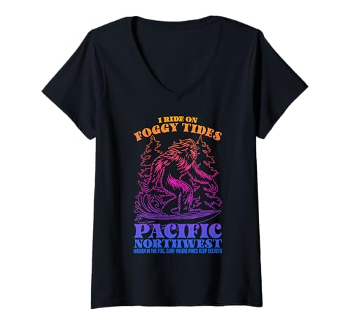 Damen Bigfoot Surfing Ich fahre auf nebligen Gezeiten pazifisch T-Shirt mit V-Ausschnitt von Surfen von Sasquatch im pazifischen Nordwesten
