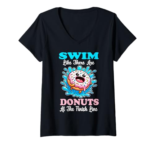 Damen Schwimmen, als wären es Donuts an der Ziellinie T-Shirt mit V-Ausschnitt von Lustiger Schwimmer Donut -Liebhaber
