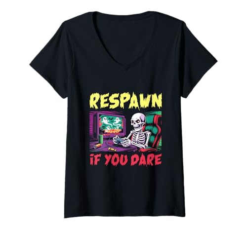Damen Respawn, wenn du Dich traust, Skelett-Gamer, lustiges Hallow T-Shirt mit V-Ausschnitt von Lustiger Skelett-Gamer Respawn Horror Halloween Fa